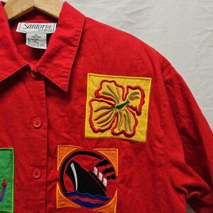 Santoria Button Up Shirt Womens Medium Red Linen Blend Nautical Patch Vintage